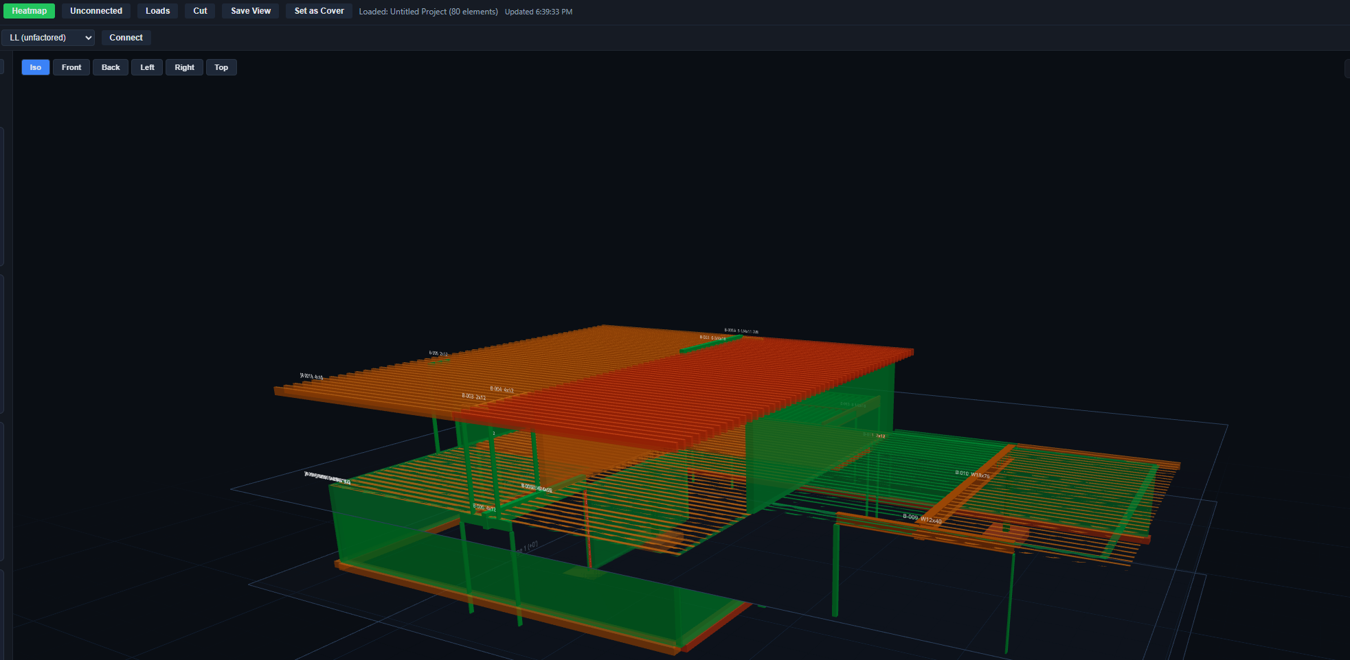 The demonstration residence standing in Strux4D — the live 3D model with the utilization heatmap on: green framing passing, red columns flagged.