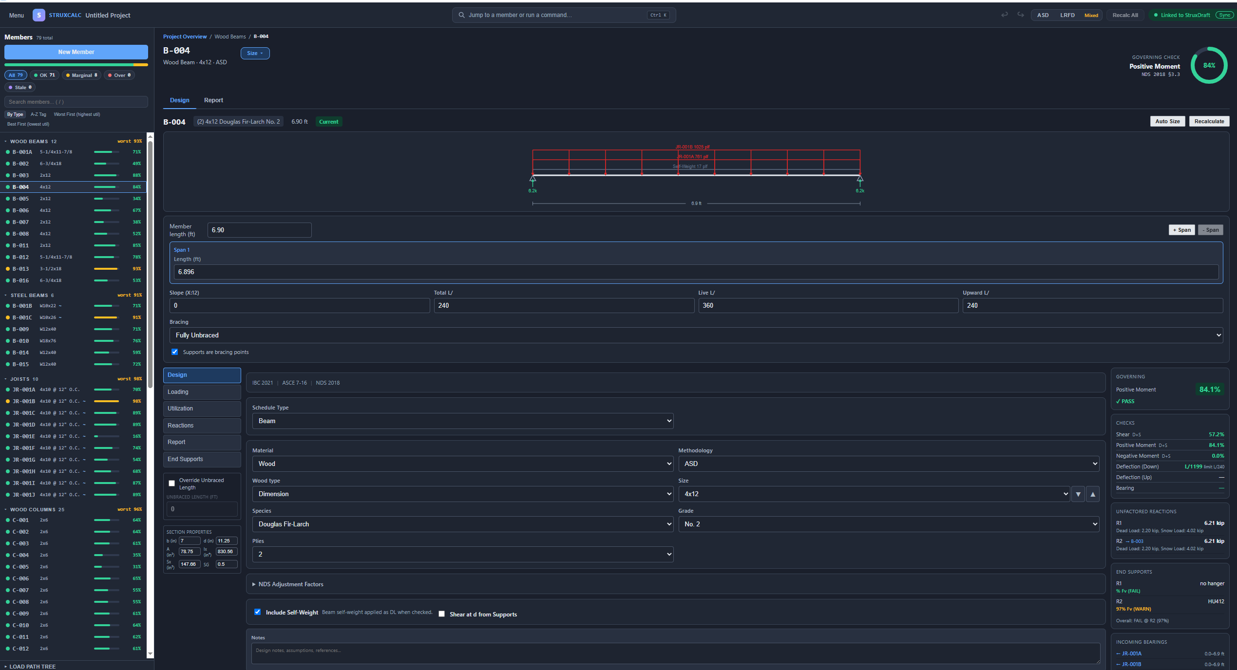 A beam open in StruxCheck — the calculation workbench: design inputs on the left, the governing check and utilization on the right.