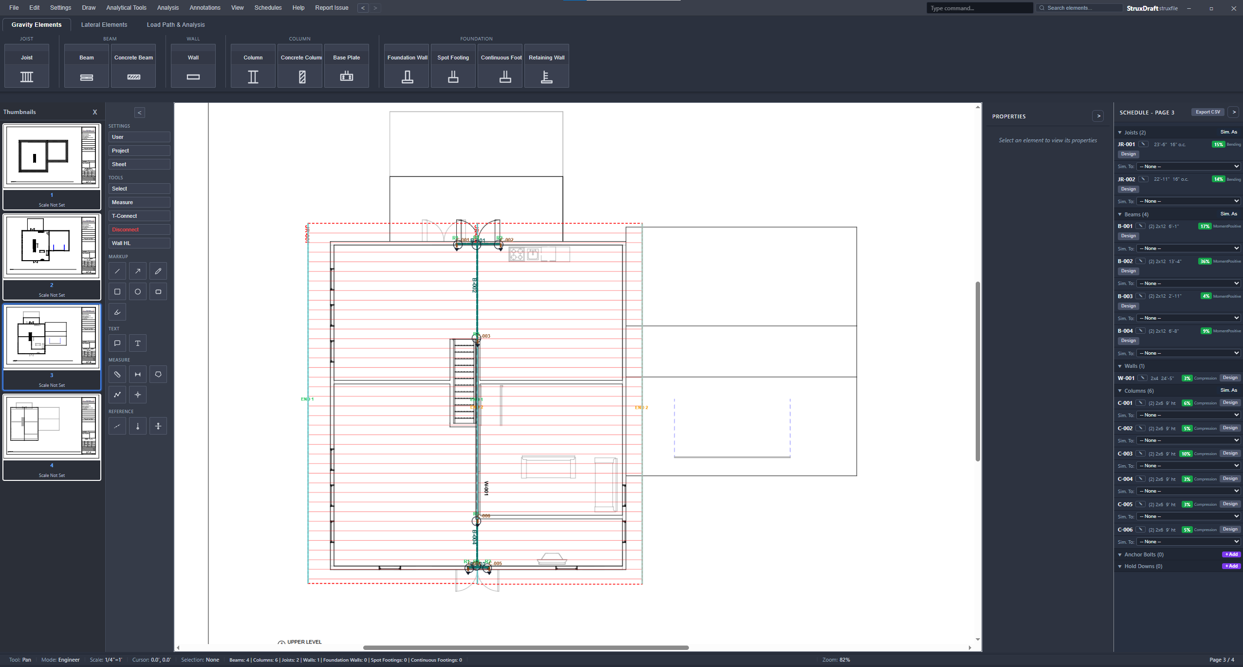 StruxDraft workspace — a residential framing plan drawn over the architect's PDF, members tagged B-, J-, and W-series, with the schedule panel docked at right.