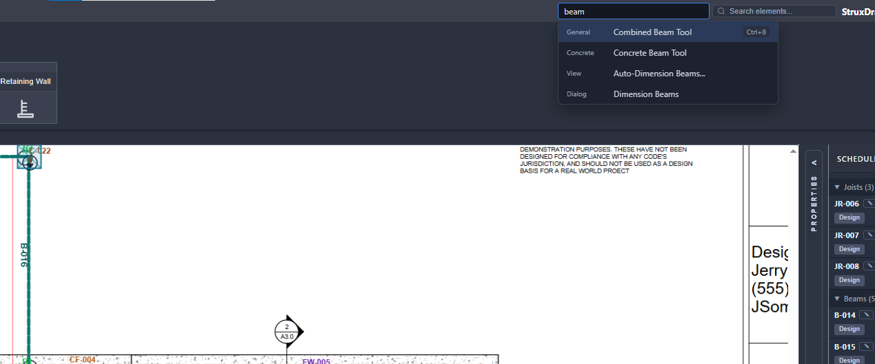 StruxDraft command bar open over the plan, matching typed text against commands and member tags