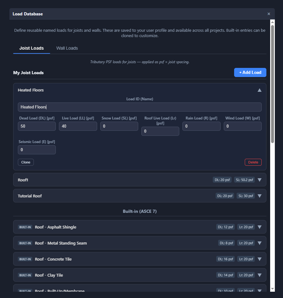The custom load cases dialog — defining a project load case with its own type and magnitude beyond the stored defaults