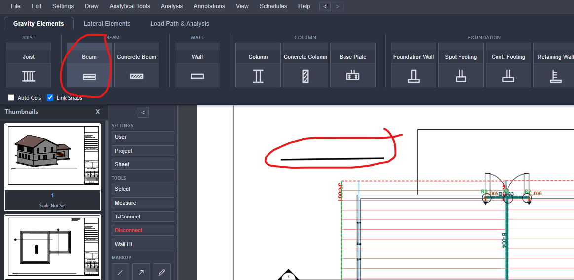 Structural members being drawn over the imported plan — joist regions, beams, and columns tagged on the sheet with the member toolbar above