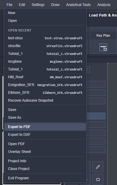 The export dialog — choosing PDF or layered DXF output for the drawing package