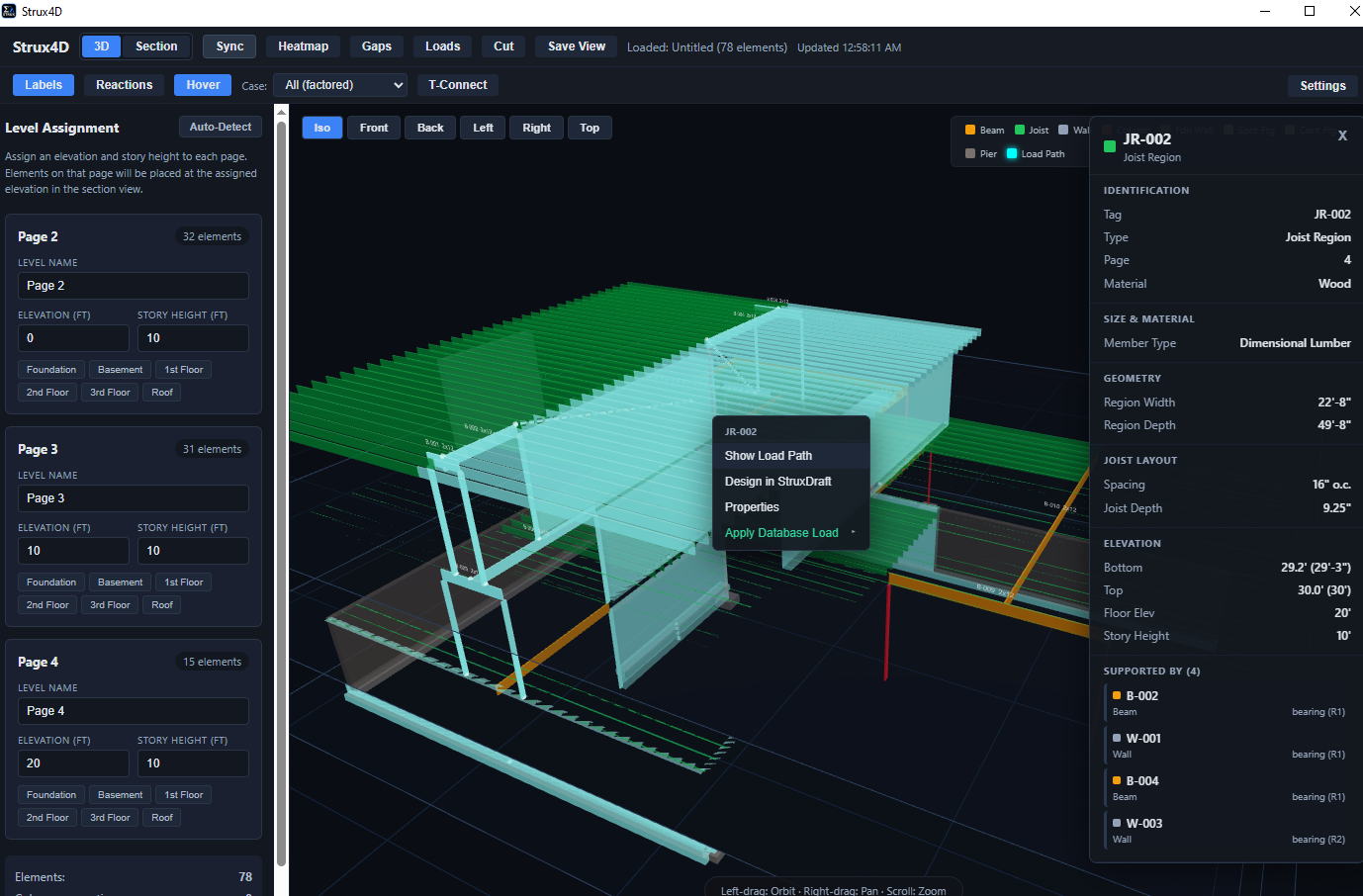 Strux4D 3D view of the test-strux model with a member right-clicked: the context menu shows Show Load Path and Design in StruxCalc, and the selected member's full load path — the joist field above and the supports below — is highlighted in green through the structure.