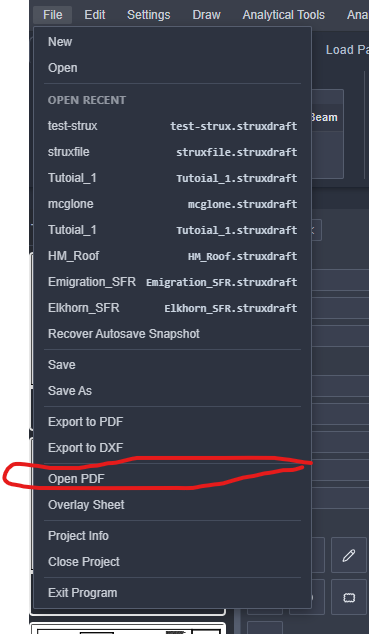 File menu open in StruxDraft, importing a multi-page architectural PDF set