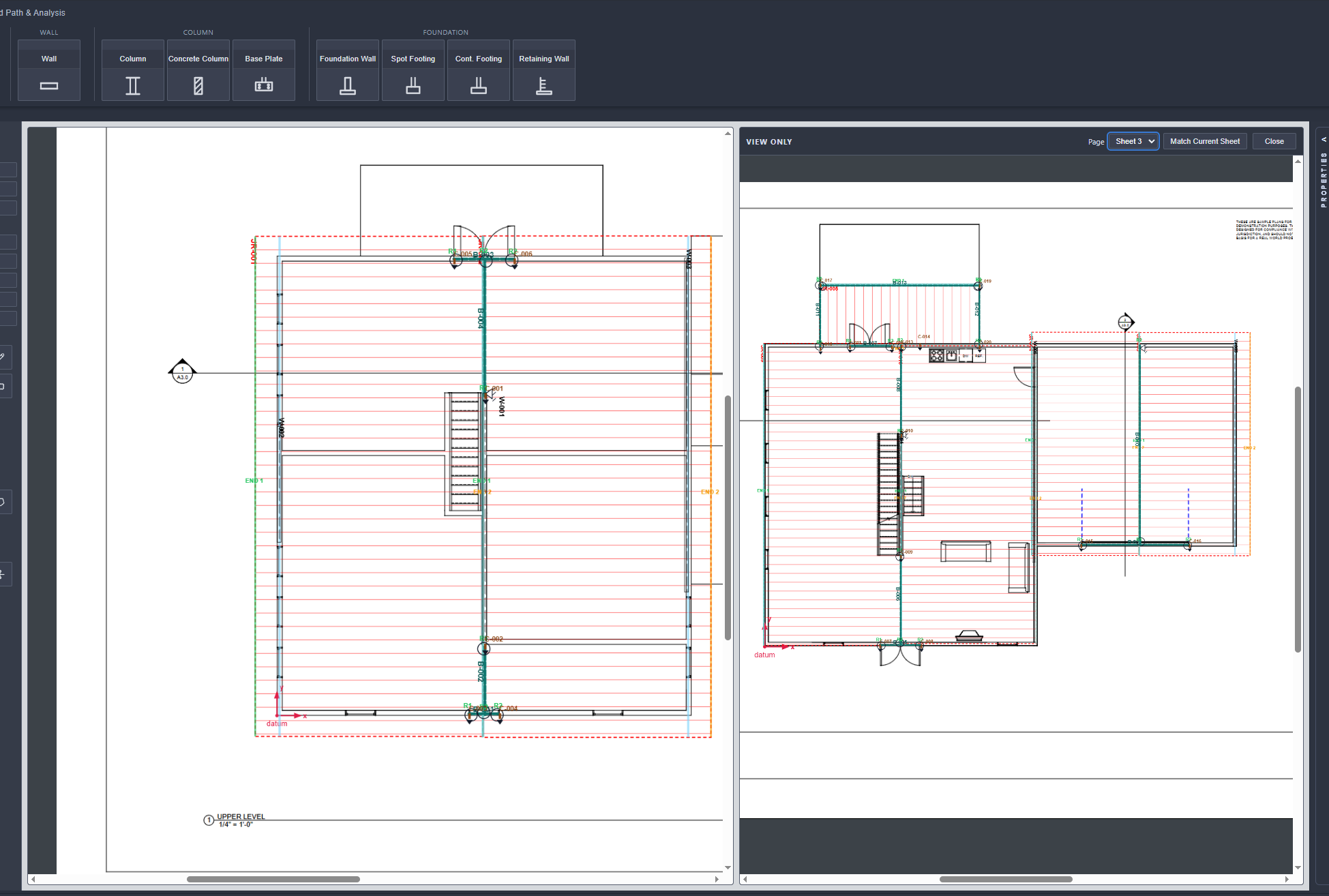 Split view — the framing plan on the left, the 3D model of the same structure on the right