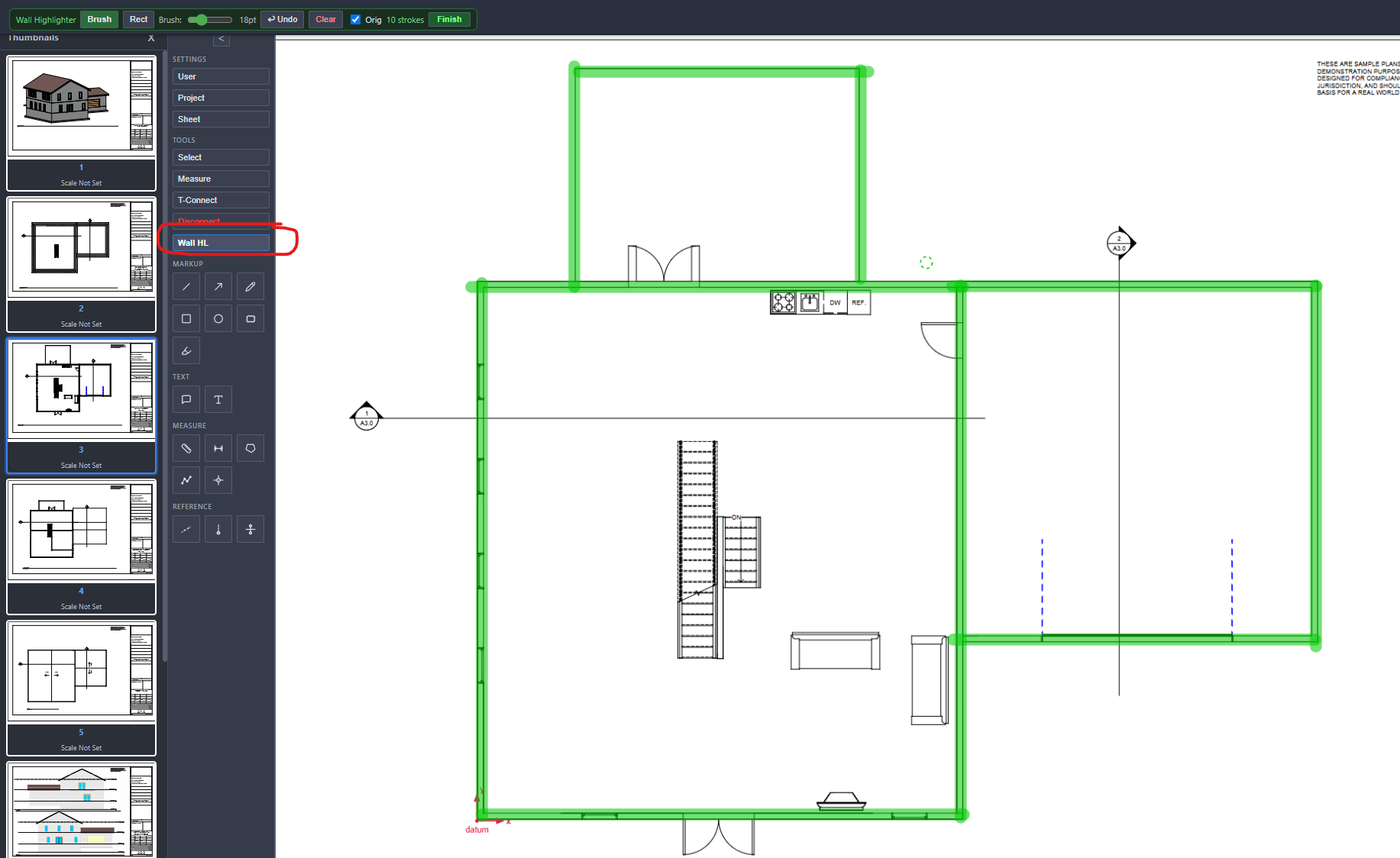 Wall highlighter shading the bearing walls on an architectural plan