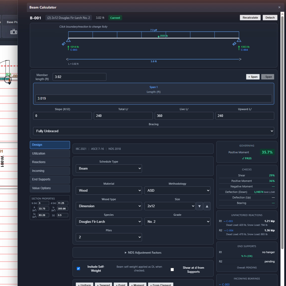 Beam Calculator dialog for B-001 — a doubled 2×12 Douglas Fir-Larch No. 2 marked Current, with the span diagram showing reactions to columns C-003 and C-004. Inputs cover spans, slope, deflection limits of total L/240, live L/360, upward L/240, bracing set to Fully Unbraced, an NDS Adjustment Factors expander, and an include-self-weight option. The governing panel reads Positive Moment 35.7% PASS with the full checks list and end-support hanger status.