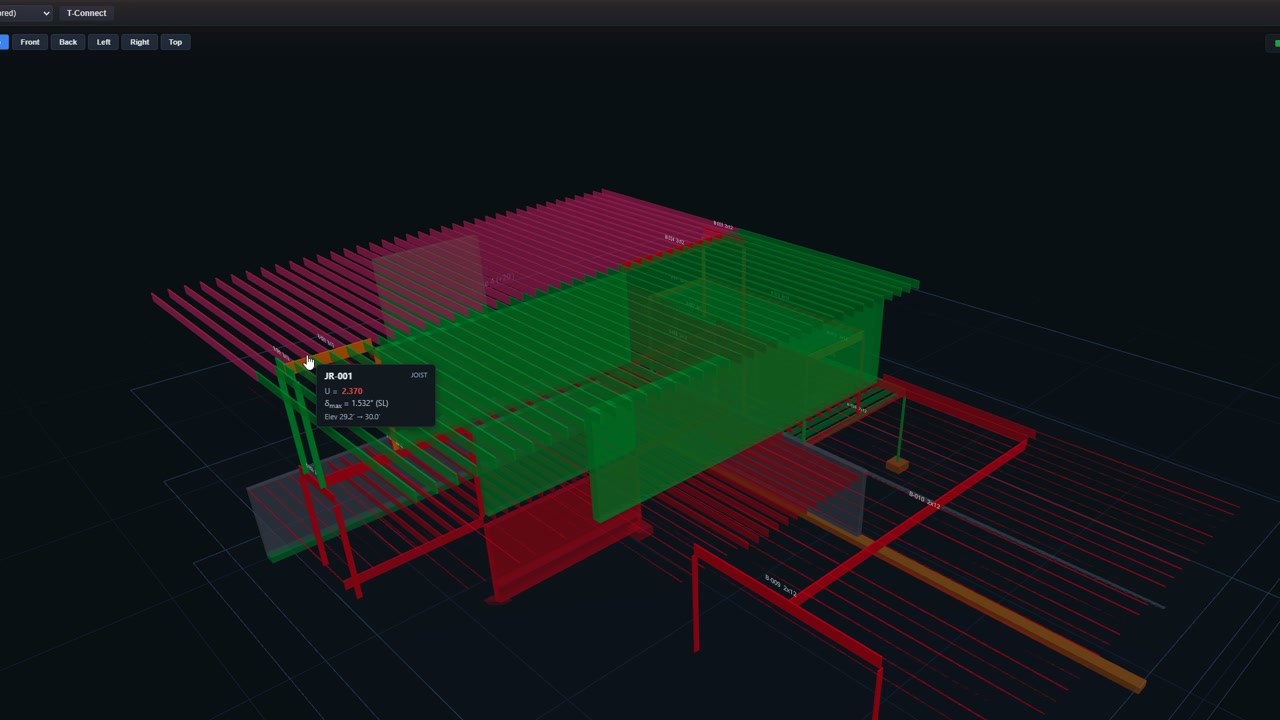 The 3D utilization heatmap with the same joist JR-001 hovered, reading U = 2.370.
