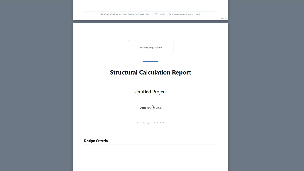 The structural calculation report open at its cover sheet, with design criteria and the member-by-member table of contents following