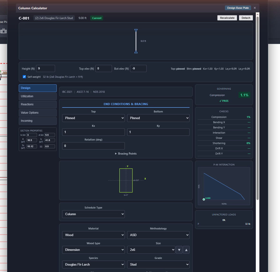 Column Calculator dialog for C-001 — a doubled 2×6 Douglas Fir-Larch Stud, 9 feet tall. End conditions show pinned top and bottom with Kx and Ky of 1.00 and effective lengths of 9 feet each axis, plus a cross-section rotation input and bracing points. The checks list covers compression, bending each axis, interaction, shear, shortening, and drift; a P-M interaction diagram is plotted, and the governing result reads Compression 1.1% PASS. A Design Base Plate button sits in the title bar.