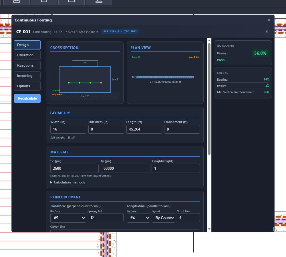 Continuous Footing dialog for CF-001 — a 16 by 8 inch strip running 45.264 feet, designed to ACI 318-19 and IBC 2021. Cross-section and plan-view diagrams show the bar layout; geometry inputs cover width, thickness, length, and embedment with 133 plf self-weight noted; material inputs cover f-prime-c 2500 psi, fy 60000 psi, and the lightweight factor; reinforcement is number 5 transverse at 12 inches and four number 4 longitudinal by count. The governing result reads Bearing 56.0% PASS.