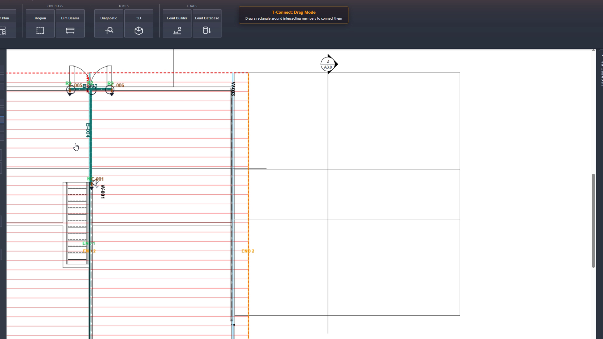 StruxDraft plan view in T-Connect Drag Mode: the tooltip banner at top, an amber dashed selection rectangle stretched over beam B-004, walls W-001 and W-003, and the joist field between them.