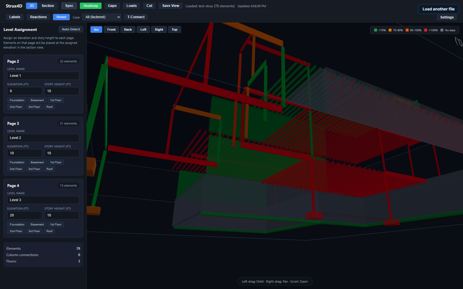 Strux4D web viewer utilization heatmap — members shaded green through red by utilization, with several overstressed members reading red.