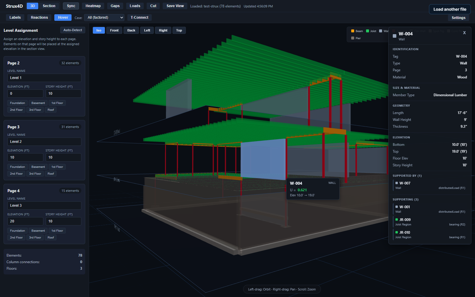 Strux4D web viewer with wall W-004 selected — the properties panel listing identification, geometry, the supporting members above it, and the members carrying it below.