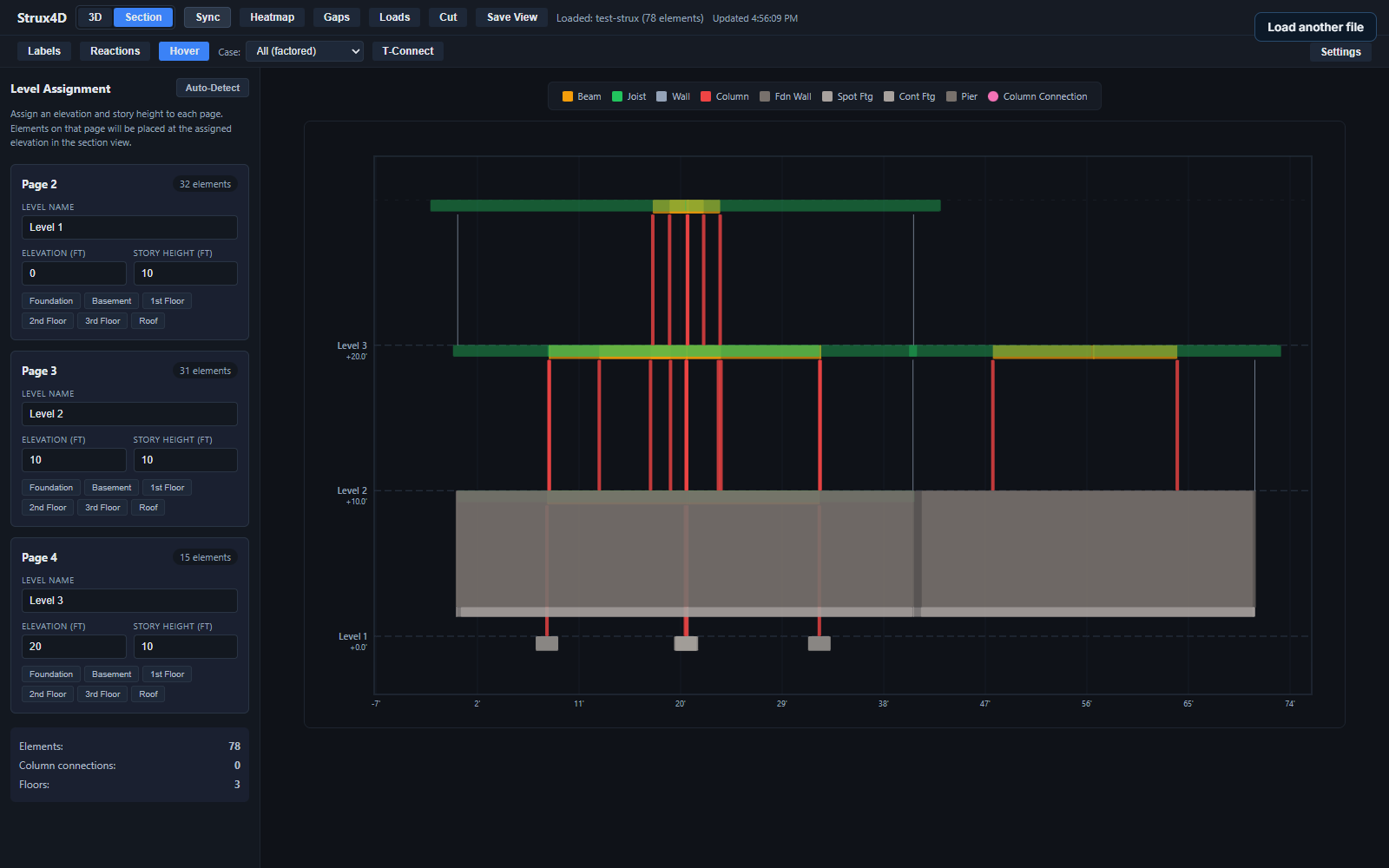 Strux4D web viewer 2D section — levels at 0, 10, and 20 feet with beams, joists, walls, columns, and footings drawn at true elevation along a ruler.